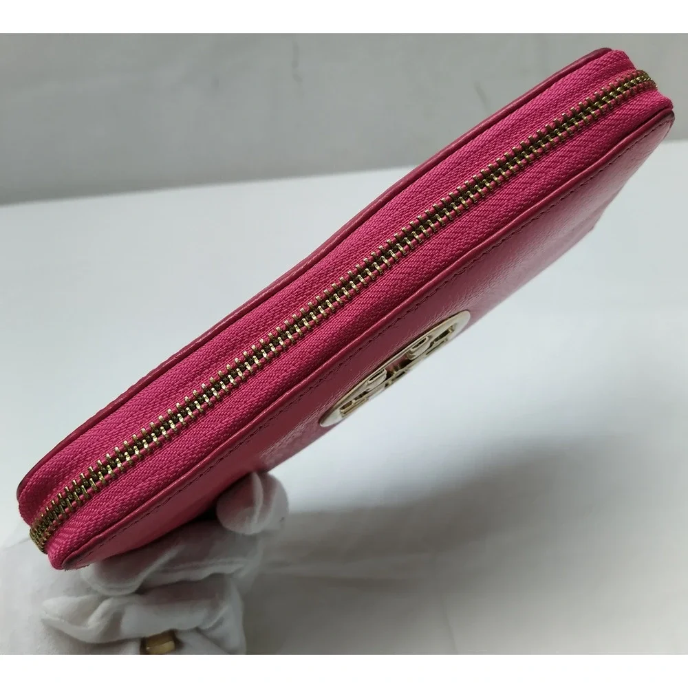 Tory Burch Pink Pebbled Leather Zip Around Credit Card Wallet